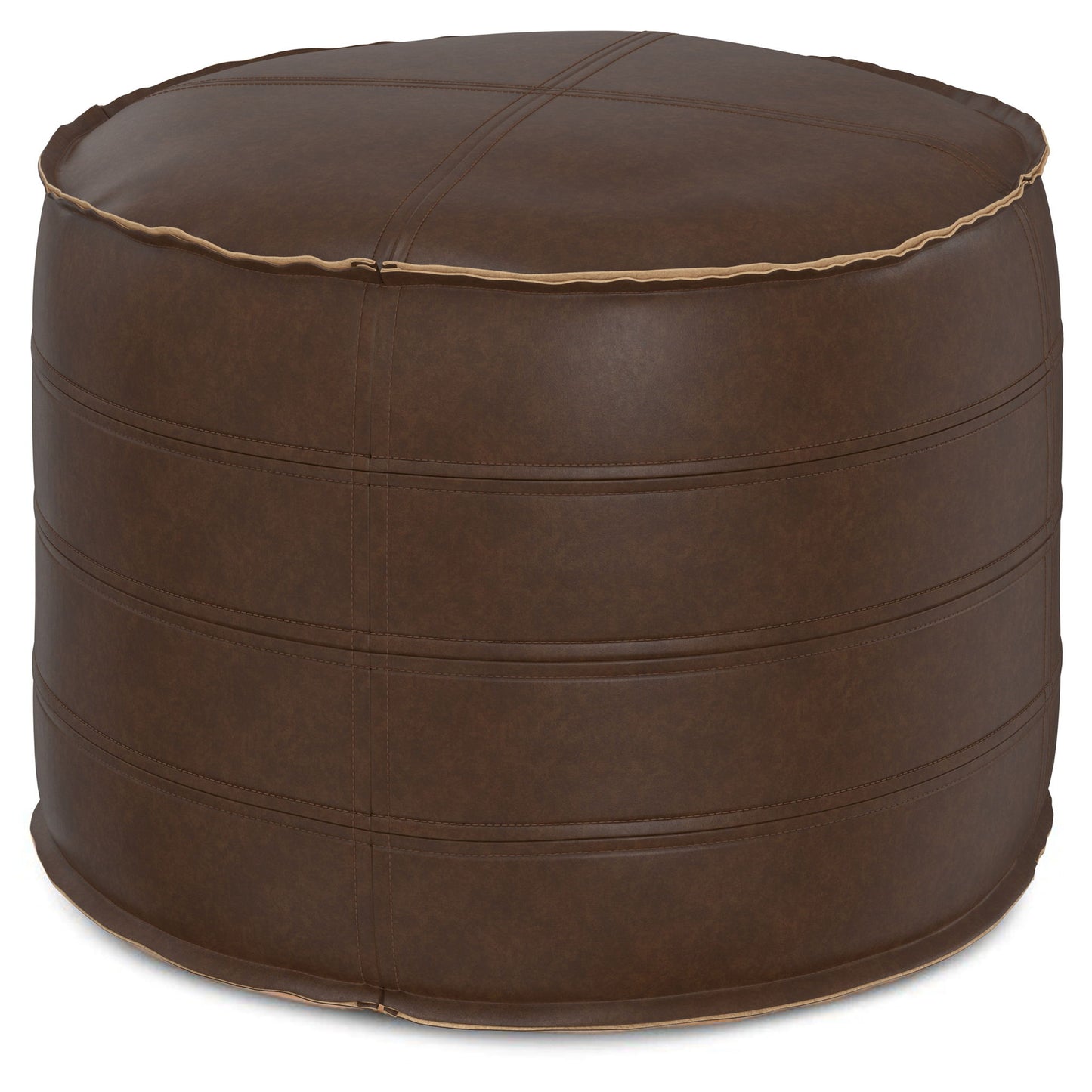 The Brody - Round Pouf is a brown leather ottoman with visible horizontal and cross-stitched seams, a slightly glossy finish, and textured detailing for added style.