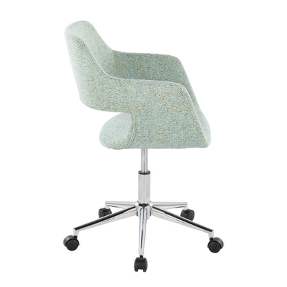 The Margarite - Contemporary Office Task Chair features a light blue textured fabric seat, curved backrest, and chrome metal base with five wheels, displayed at a slight rear angle on a white background.