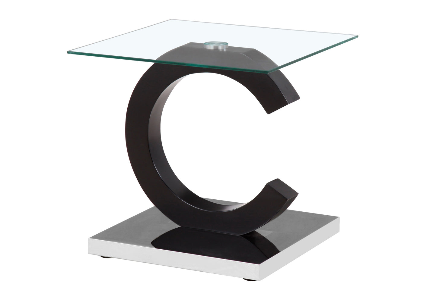 The Everest - Stylish Design Table features a square glass top, a black curved C-shaped base, and rests on a shiny square metallic platform for a modern look.