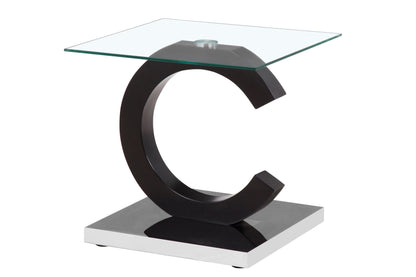 The Everest - Stylish Design Table features a square glass top, a black curved C-shaped base, and rests on a shiny square metallic platform for a modern look.