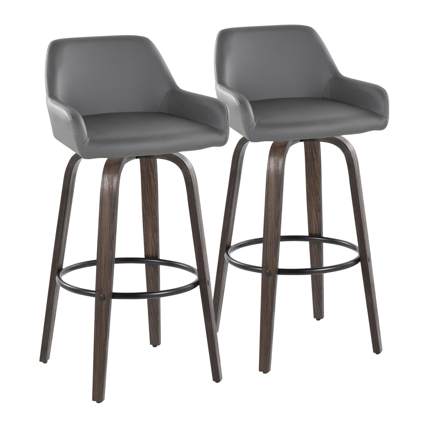 The Daniella barstool set includes two contemporary gray stools with curved padded seats, low backs, armrests, and dark wooden legs. Each fixed-height, swivel stool features a round black metal footrest for added comfort.