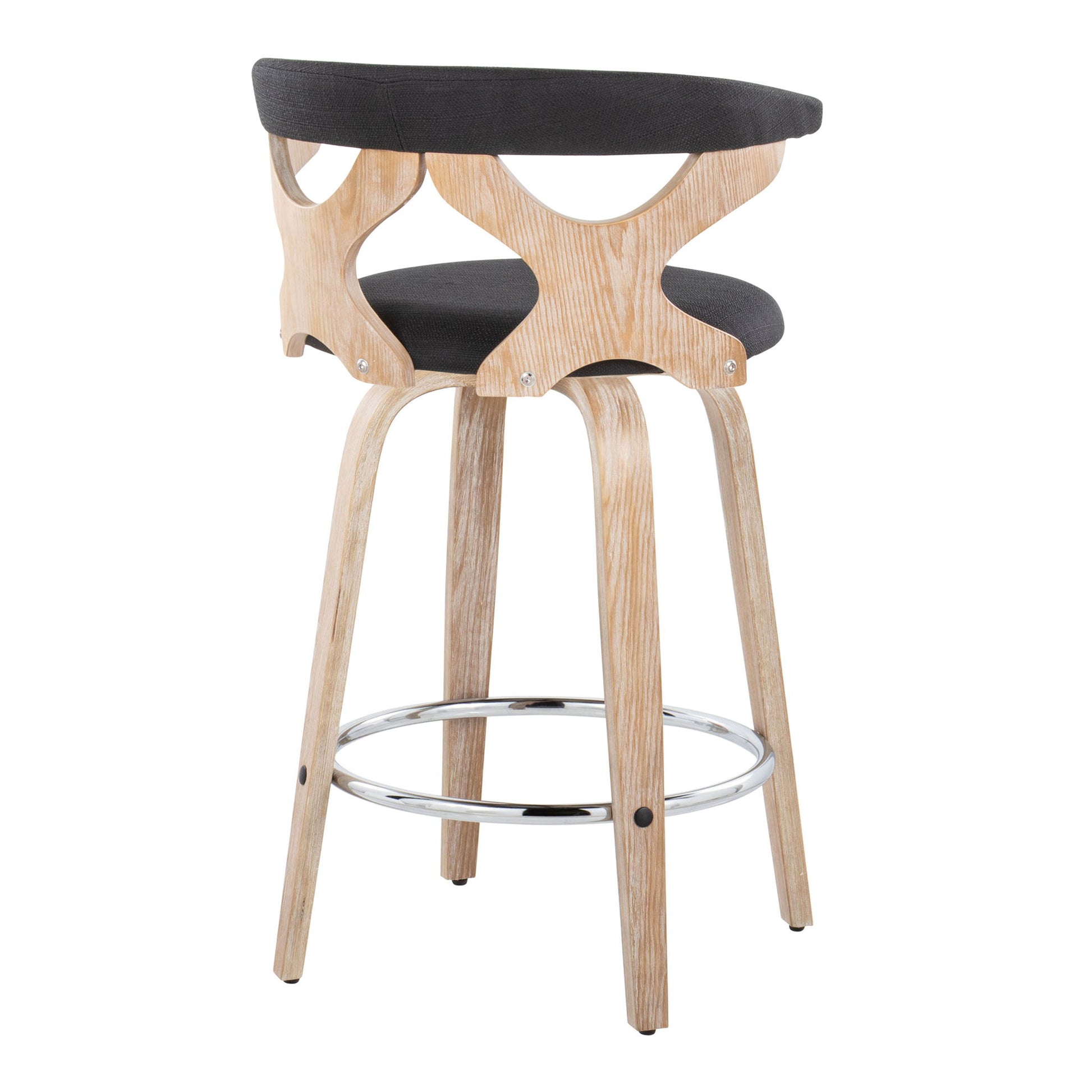 The Gardenia Mid Century Modern Counter Stool (Set of 2) features a light wood frame, curved cut-out backrest, black cushioned seat, four splayed legs, and a circular chrome footrest with fixed height and swivel function.