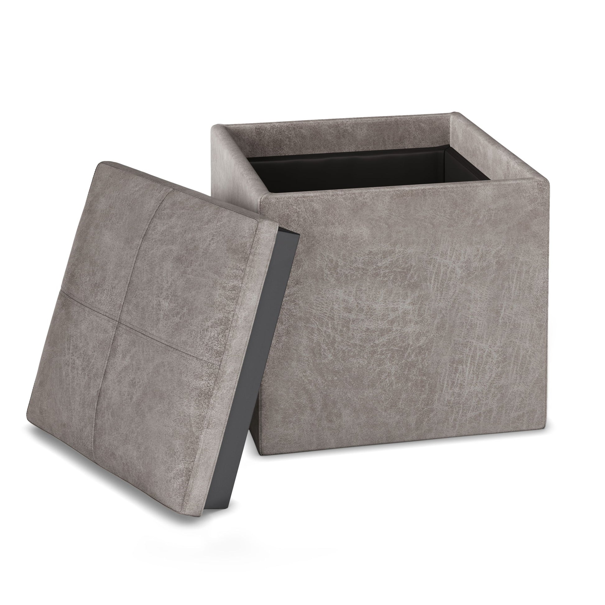 The Rockwood Upholstered Cube Storage Ottoman With Tray is shown in gray with its lid removed and propped against the side, revealing the empty storage compartment inside.