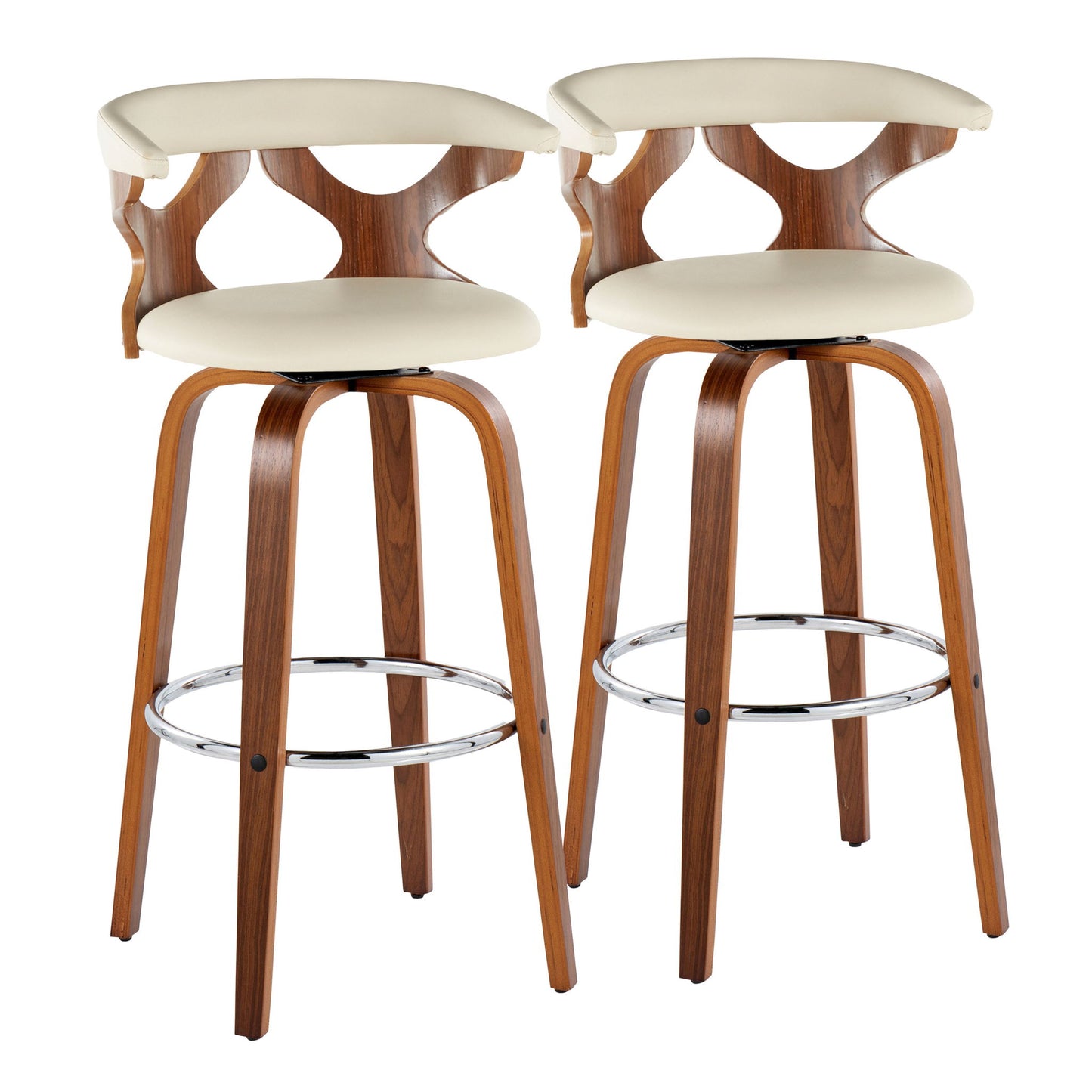 The Gardenia Mid Century Modern Barstool set includes two fixed-height stools with swivel seats, round chrome footrests, curved wooden backrests with cut-out designs, and cream padded seats and upper backs.