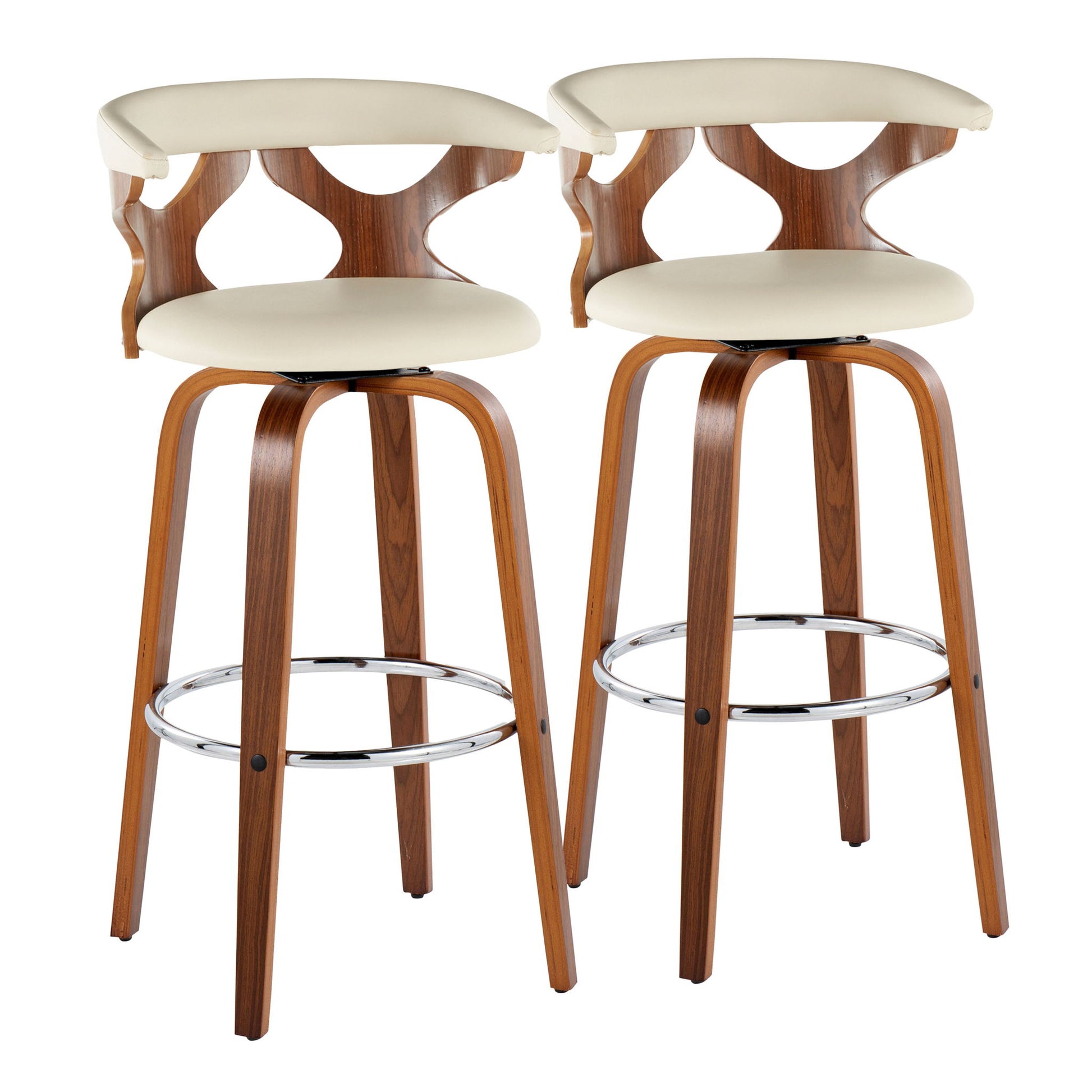 The Gardenia Mid Century Modern Barstool set includes two fixed-height stools with swivel seats, round chrome footrests, curved wooden backrests with cut-out designs, and cream padded seats and upper backs.