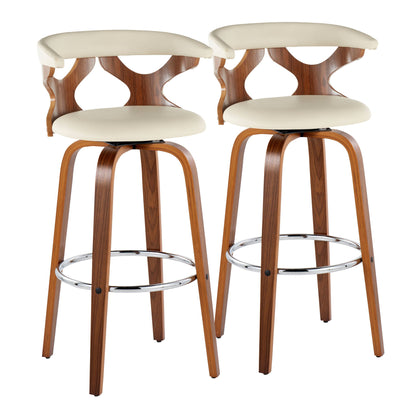 The Gardenia Mid Century Modern Barstool set includes two fixed-height stools with swivel seats, round chrome footrests, curved wooden backrests with cut-out designs, and cream padded seats and upper backs.
