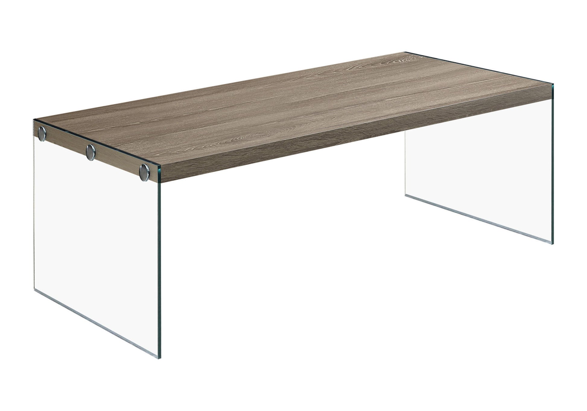 The Coffee Table Rectangular For Living Room Clear Tempered Glass features a modern wooden top and two clear glass side panels as legs, connected by visible metal fasteners for a stylish, contemporary look.