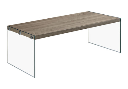 The Coffee Table Rectangular For Living Room Clear Tempered Glass features a modern wooden top and two clear glass side panels as legs, connected by visible metal fasteners for a stylish, contemporary look.