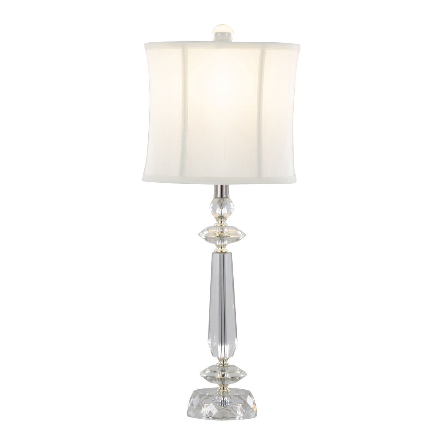 The Karat Contemporary Crystal Table Lamp set includes two lamps with clear faceted glass bases, chrome accents, and slightly curved white cylindrical softback shades, offering an elegant touch to any decor.