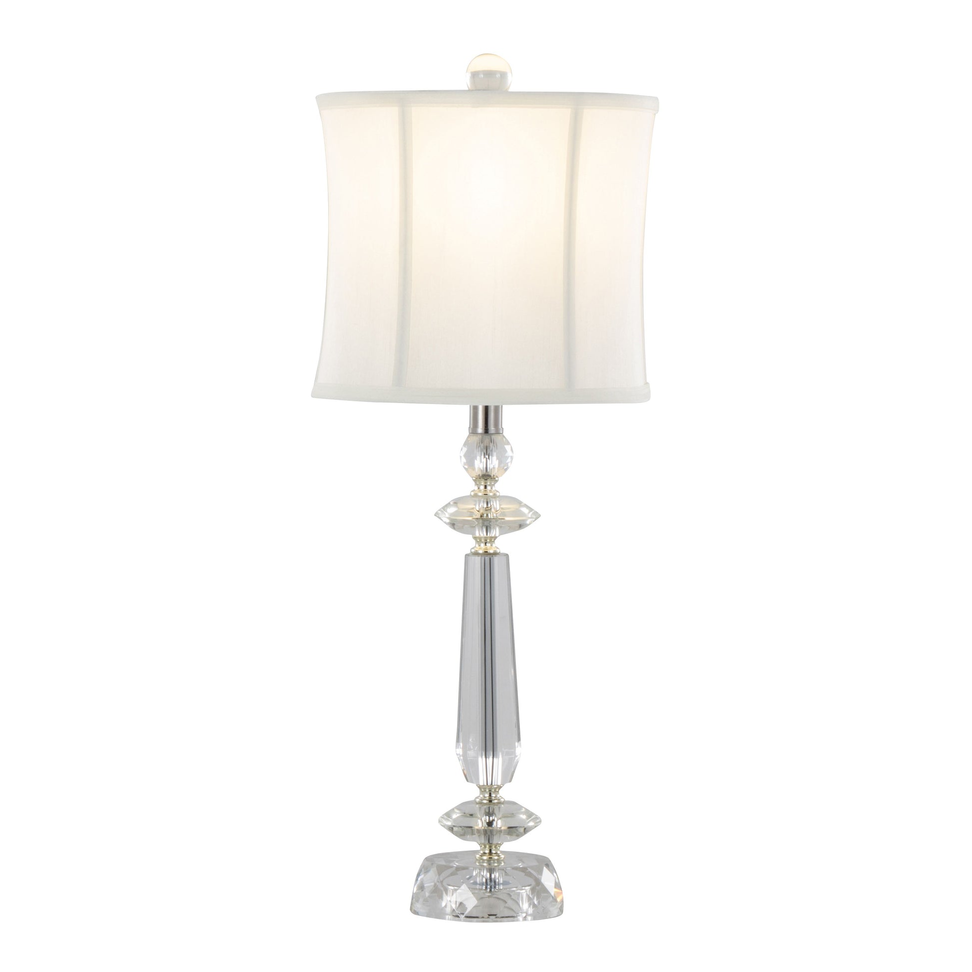 The Karat Contemporary Crystal Table Lamp set includes two lamps with clear faceted glass bases, chrome accents, and slightly curved white cylindrical softback shades, offering an elegant touch to any decor.