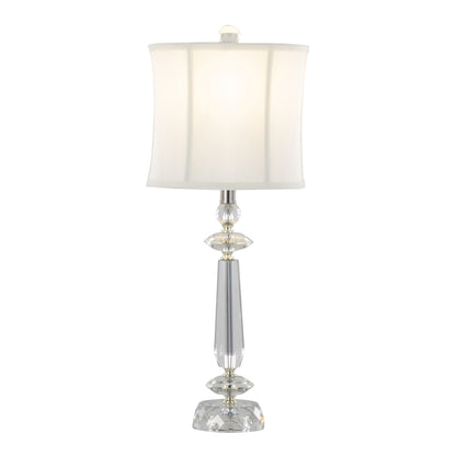 The Karat Contemporary Crystal Table Lamp set includes two lamps with clear faceted glass bases, chrome accents, and slightly curved white cylindrical softback shades, offering an elegant touch to any decor.