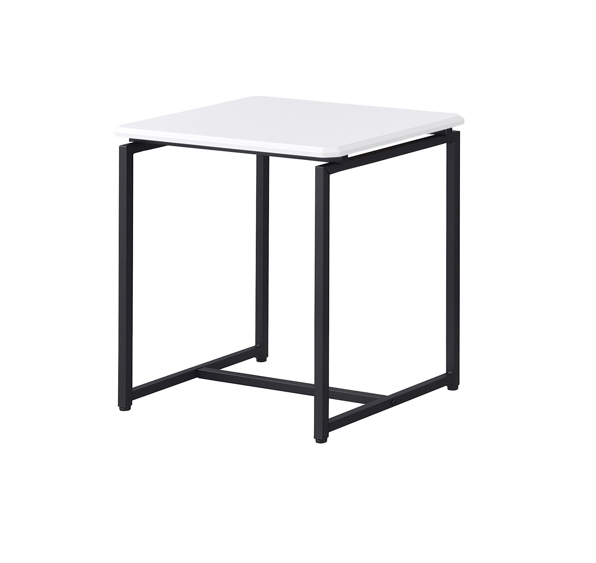 The GT 3-Piece Carbon Fiber Wrap Set includes a modern coffee table and two end tables, all with white square tops and black metal legs, showcasing a sleek, minimalist design.
