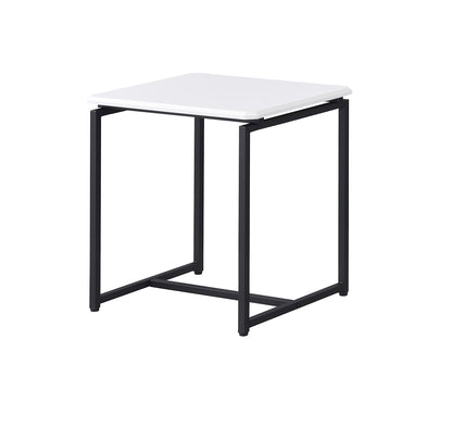 The GT 3-Piece Carbon Fiber Wrap Set includes a modern coffee table and two end tables, all with white square tops and black metal legs, showcasing a sleek, minimalist design.