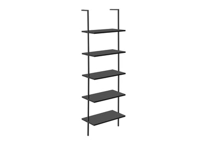 The Etagere Bookcase Ladder 5 Tier For Office is a modern black metal wall-mounted shelving unit featuring five evenly spaced rectangular shelves and minimalistic vertical supports.
