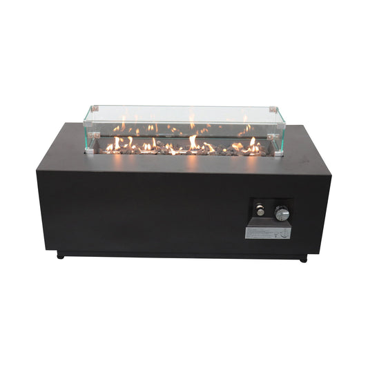 The Outdoor Fire Pit Table With Lid features a sleek rectangular black design, glass wind guard, control knobs, and a visible flame glowing above decorative stones. Enjoy fuel versatility for your outdoor gatherings.