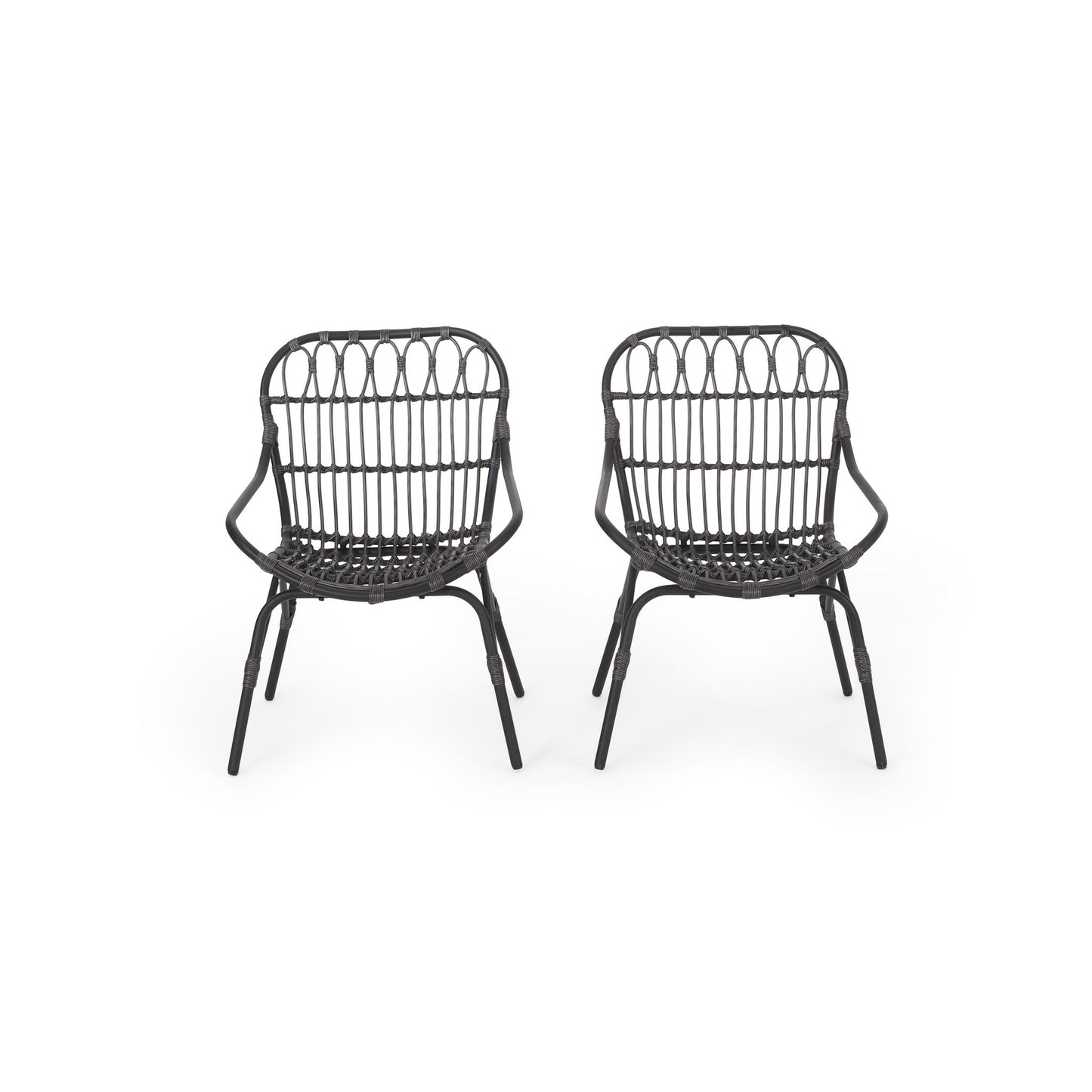 Two Monsoon Outdoor Accent Chairs with open weave design, black rattan curved backs and seats, and angled legs are placed side by side on a white background.