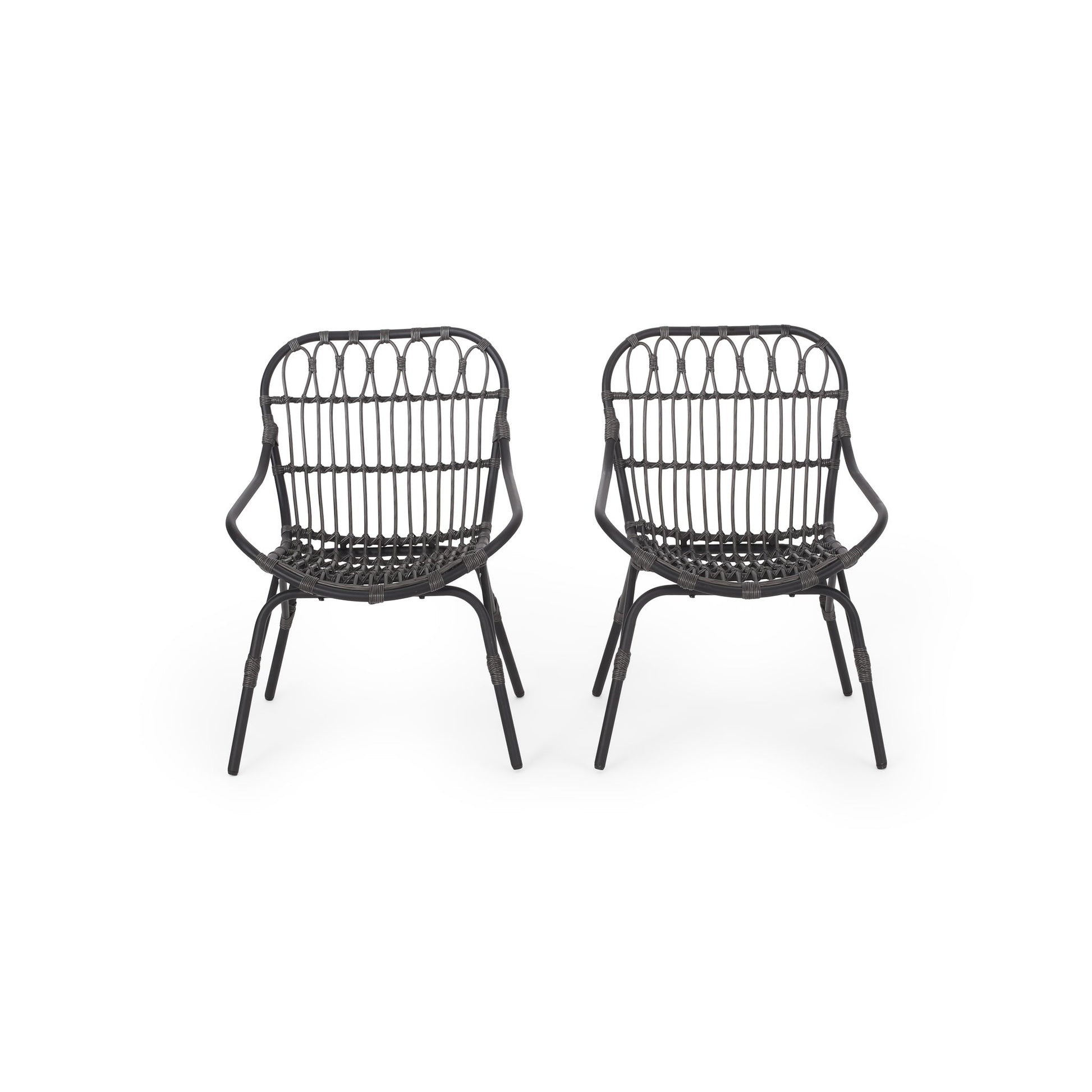 Two Monsoon Outdoor Accent Chairs with open weave design, black rattan curved backs and seats, and angled legs are placed side by side on a white background.
