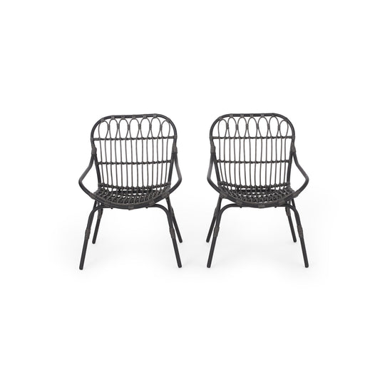 Two Monsoon Outdoor Accent Chairs with open weave design, black rattan curved backs and seats, and angled legs are placed side by side on a white background.