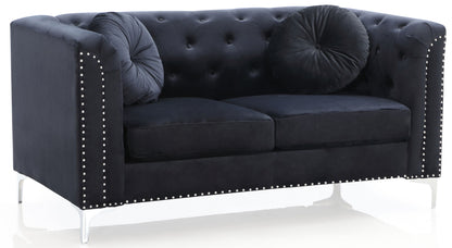 The Stylish Sloped Arm Loveseat features a modern black velvet design with a button-tufted backrest, silver nailhead trim, two round black throw pillows, and sleek silver metal legs.