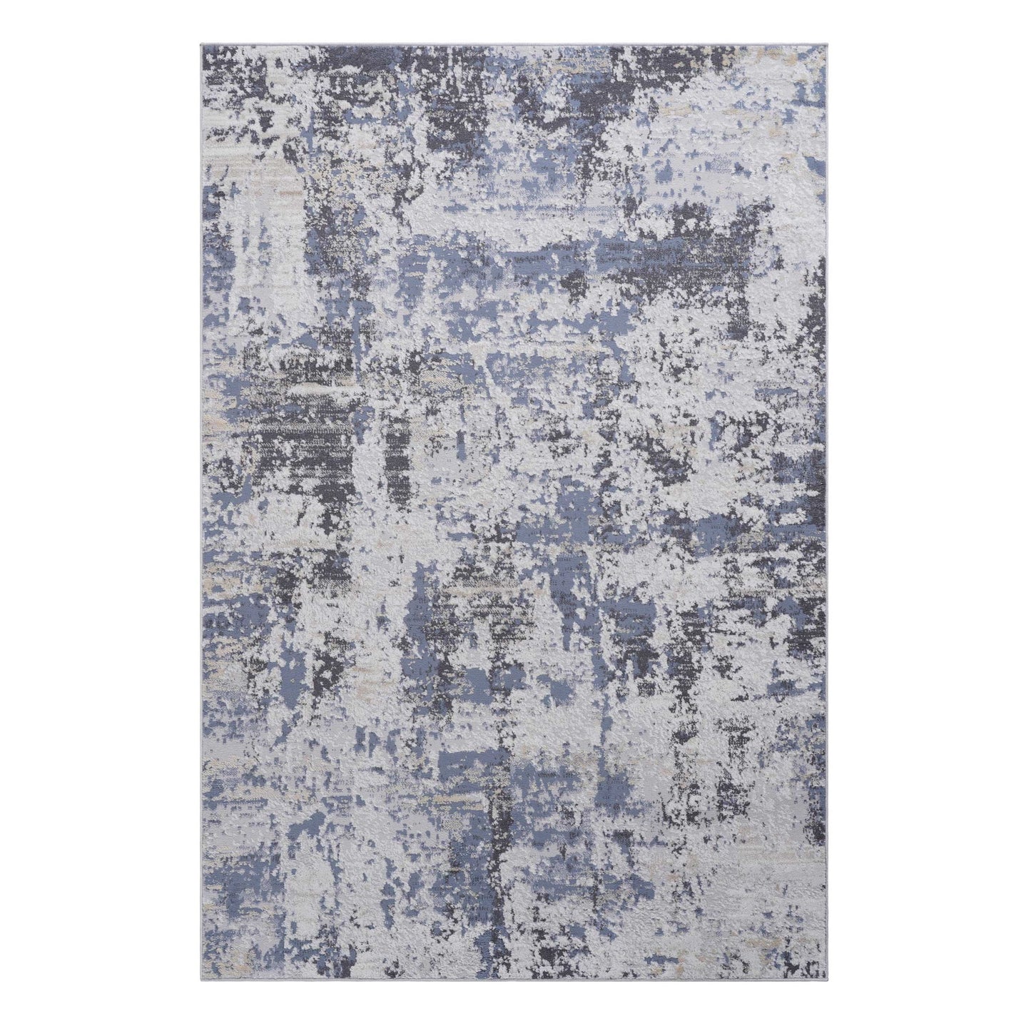 The Payas Abstract Area Rug features a distressed pattern in blue, gray, and white tones. Its overlapping colors create a textured, weathered look throughout the rectangular design.