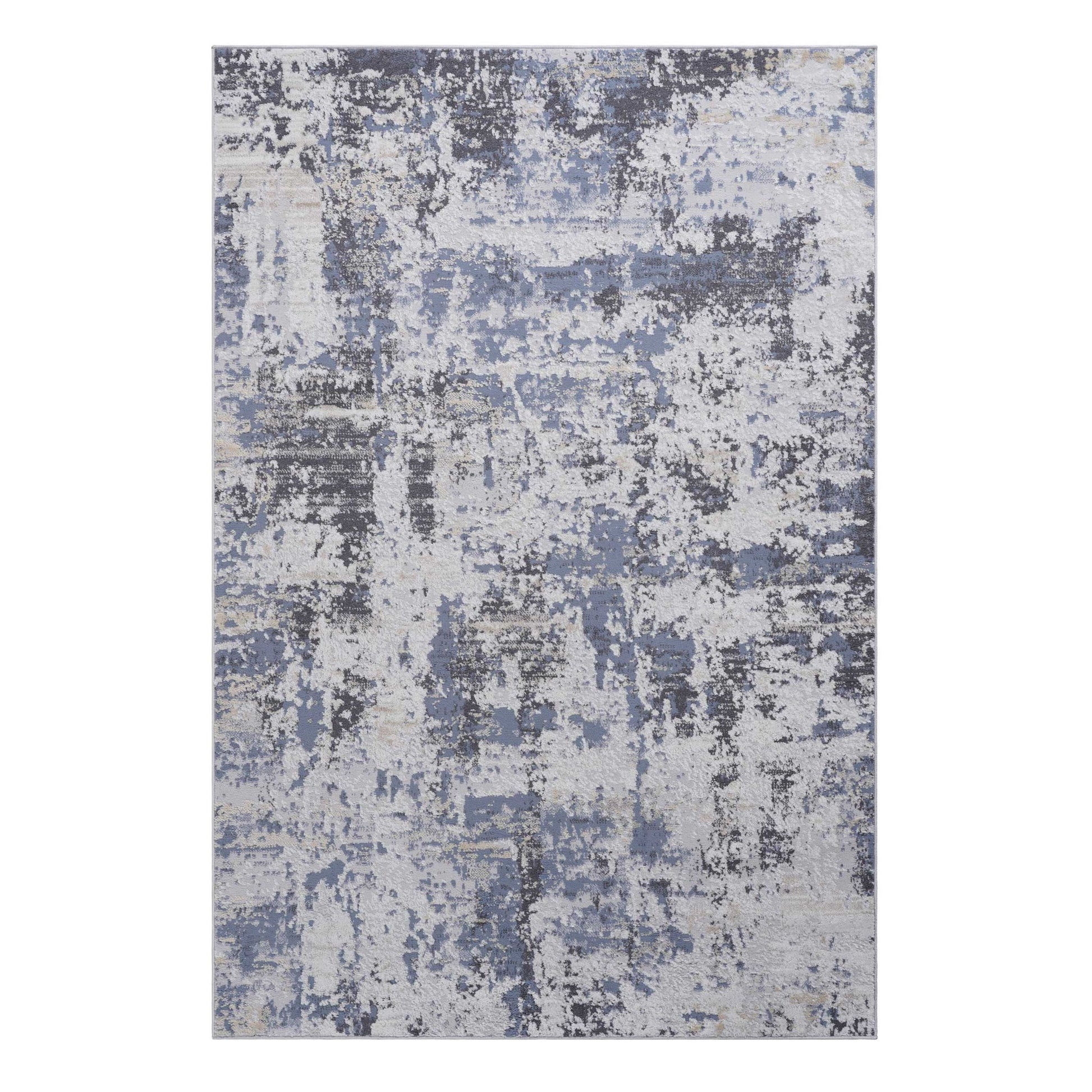 The Payas Abstract Area Rug features a distressed pattern in blue, gray, and white tones. Its overlapping colors create a textured, weathered look throughout the rectangular design.