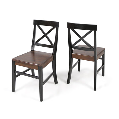The Plethora Dining Chair With X Shaped Back (Set of 2) features dark brown wooden seats, black frames, and crossed X-backs. One chair is shown facing forward and the other angled to display the back design.