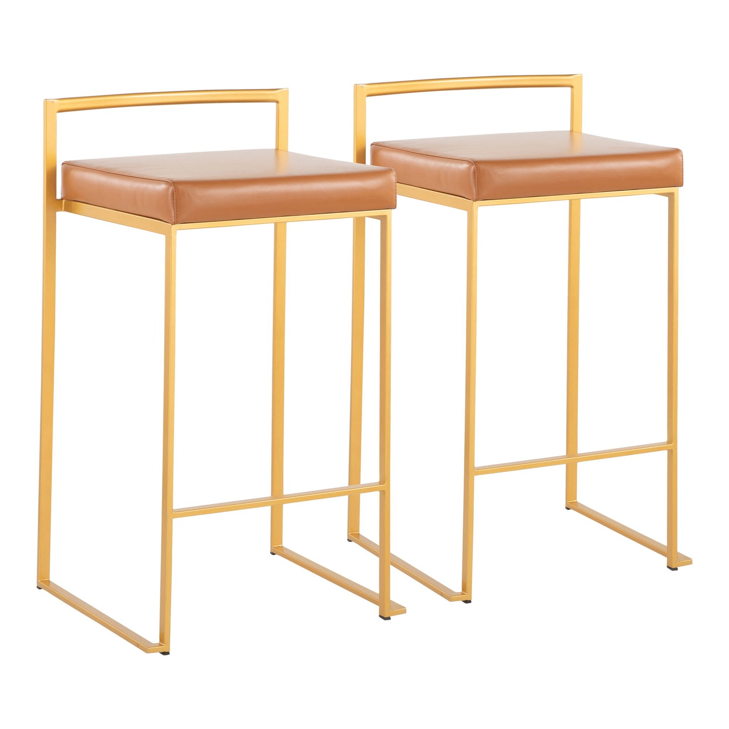 Set of 2 Fuji counter stools featuring gold metal frames, square tan leather seats, and minimalist backrests. These chairs offer a sleek, contemporary glam design perfect for modern spaces.