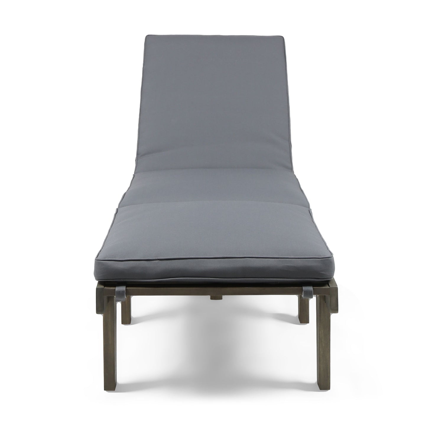 The Ariana Wood Chaise Lounge With Cushion features a modern gray design with a cushioned seat and backrest, dark wooden legs, and a minimalist front view.