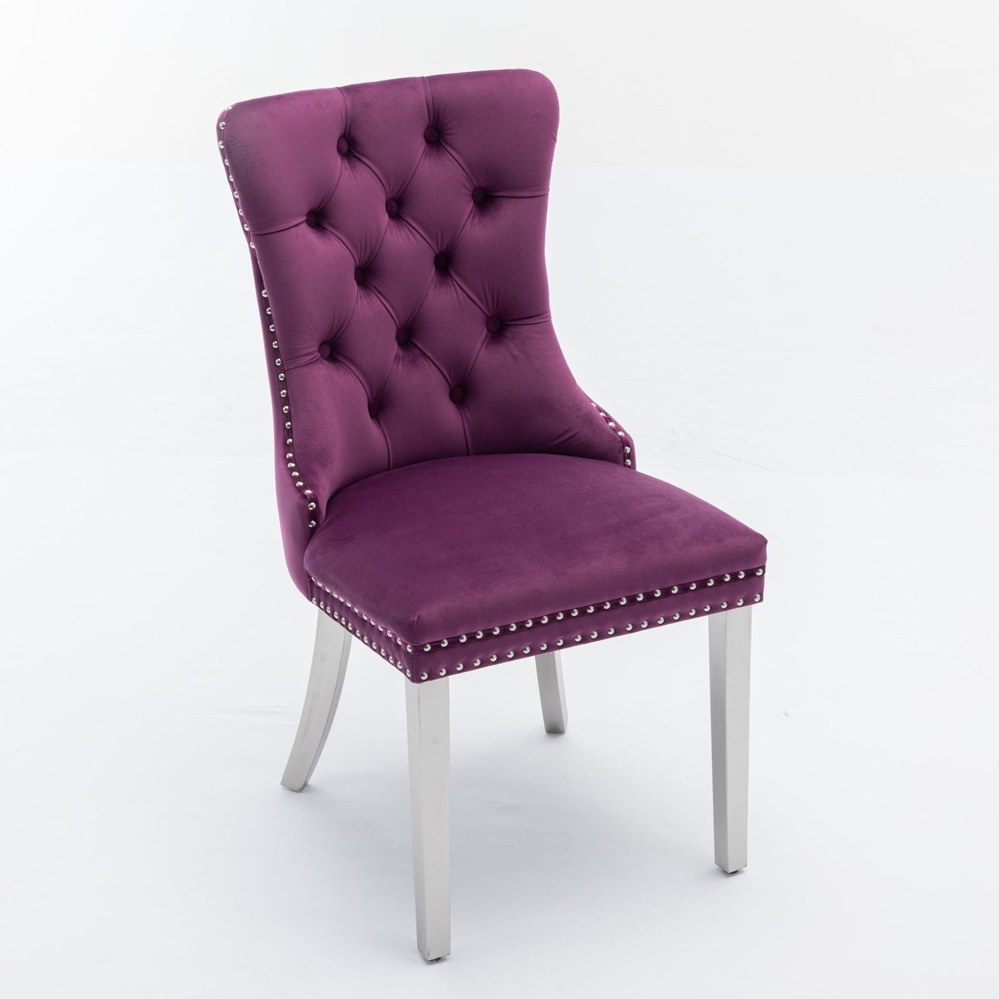The Nikki set features modern, high-end tufted velvet upholstered dining chairs with chrome stainless steel-plated legs and nailhead trim, presented against a plain white background.