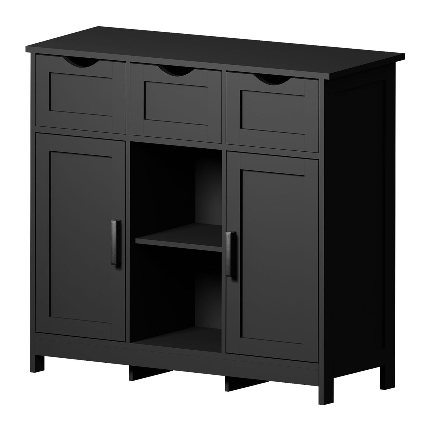 A black wooden floor cabinet with three top drawers, two side doors, and a central open shelf with two compartments, ideal for living rooms, bedrooms, or bathrooms as accent furniture and storage.