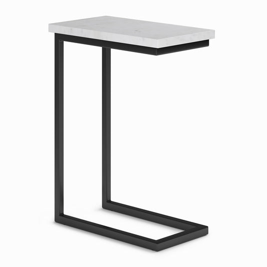 The Skyler - Handcrafted C Side Table features a white marble top and black metal frame, designed to slide easily under sofas or chairs for modern functionality.