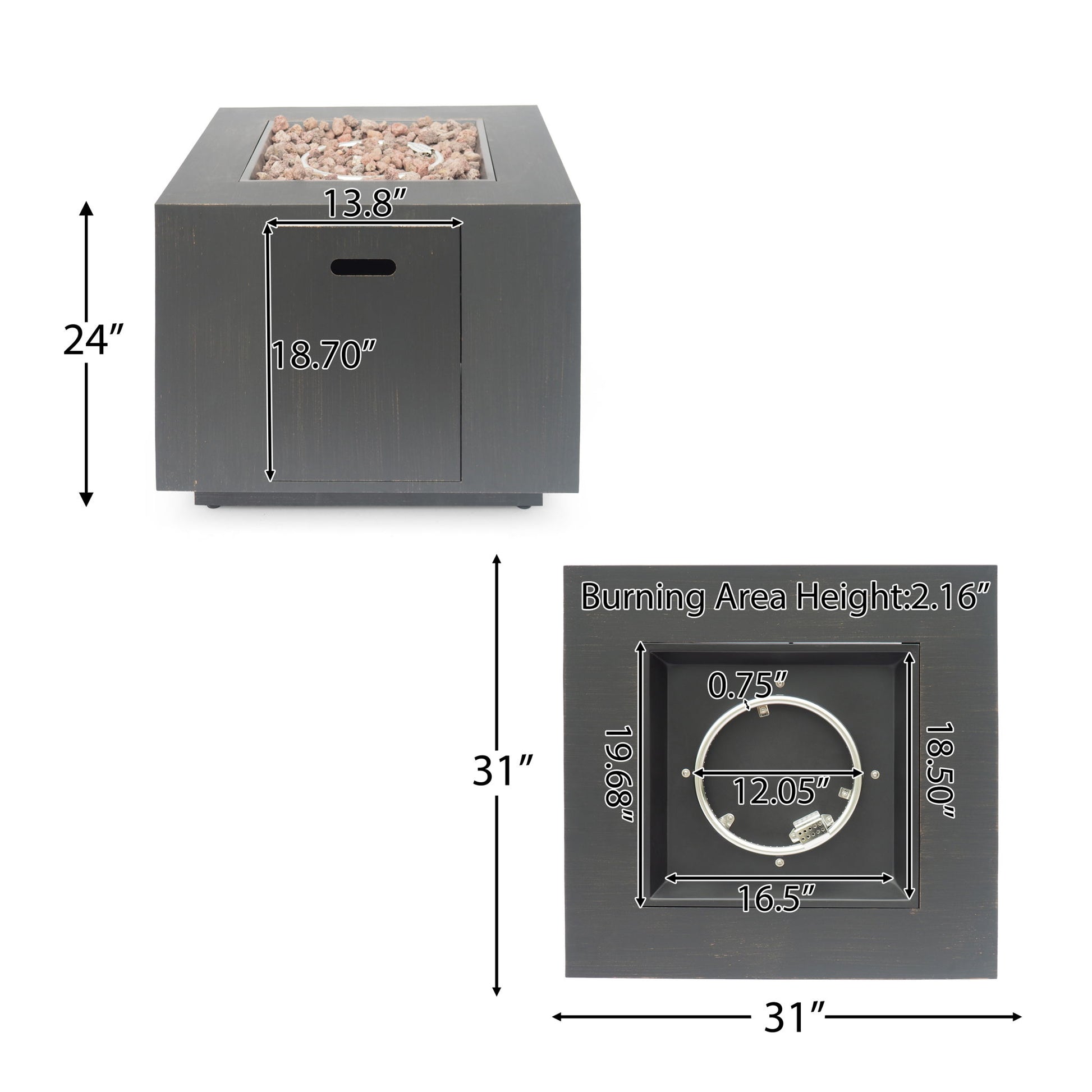The Outdoor Patio Gas Burning Fire Pit Table 50,000 Btu features a 31"x31"x24" square design with a rock-filled burner (13.8"x18.7", 12.05" diameter, burning area height 2.16")—perfect for your patio gatherings.
