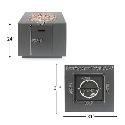 The Outdoor Patio Gas Burning Fire Pit Table 50,000 Btu features a 31"x31"x24" square design with a rock-filled burner (13.8"x18.7", 12.05" diameter, burning area height 2.16")—perfect for your patio gatherings.