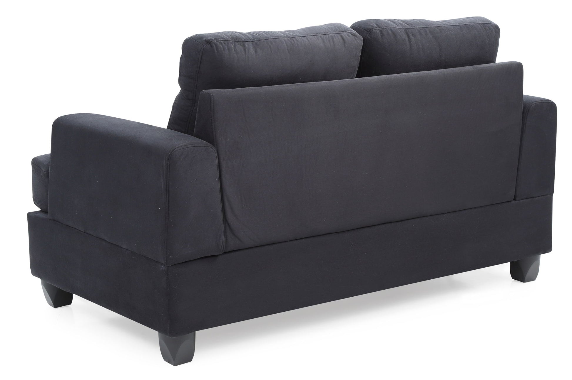 The Stylish Transitional Loveseat For Two features dark gray upholstery, two large back cushions, wide armrests, and short black legs, shown from a rear angle.