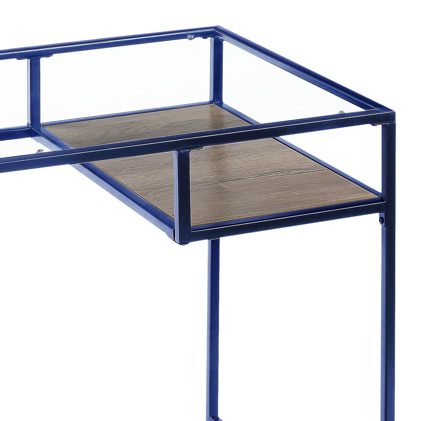 A close-up of the Yasin - Glass Top Writing Desk, featuring a blue metal frame, glass top, and a wooden shelf underneath.