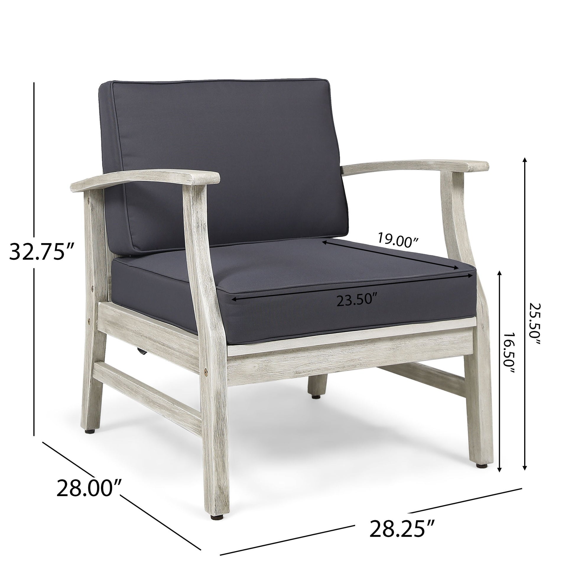 Perla - Contemporary Club Chair with water-resistant gray cushion and light wood frame; dimensions: 32.75" high, 28" deep, 28.25" wide, seat depth 23.5", seat width 19", seat height 16.5", arm height 25.5".