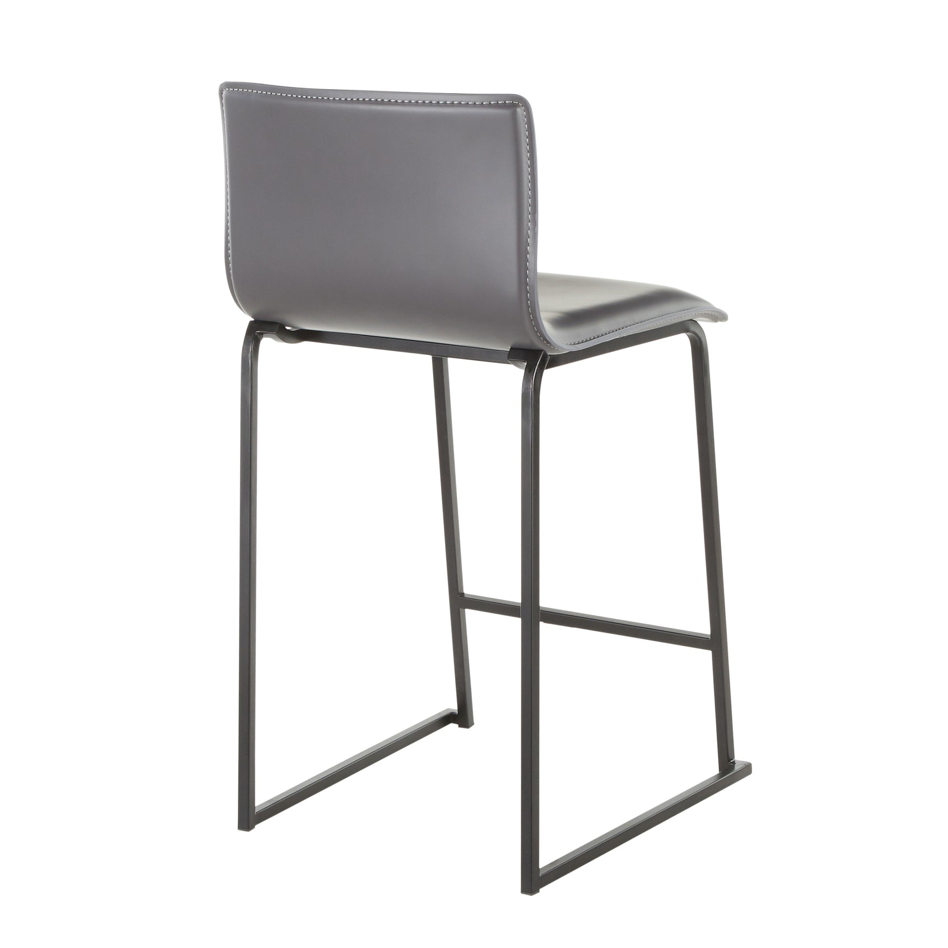 The Mara Upholstered Contemporary Counter Stool, seen from a diagonal rear angle, showcases its modern gray rectangular backrest and seat with a sleek minimalist metal frame and footrest. Available as a set of two.
