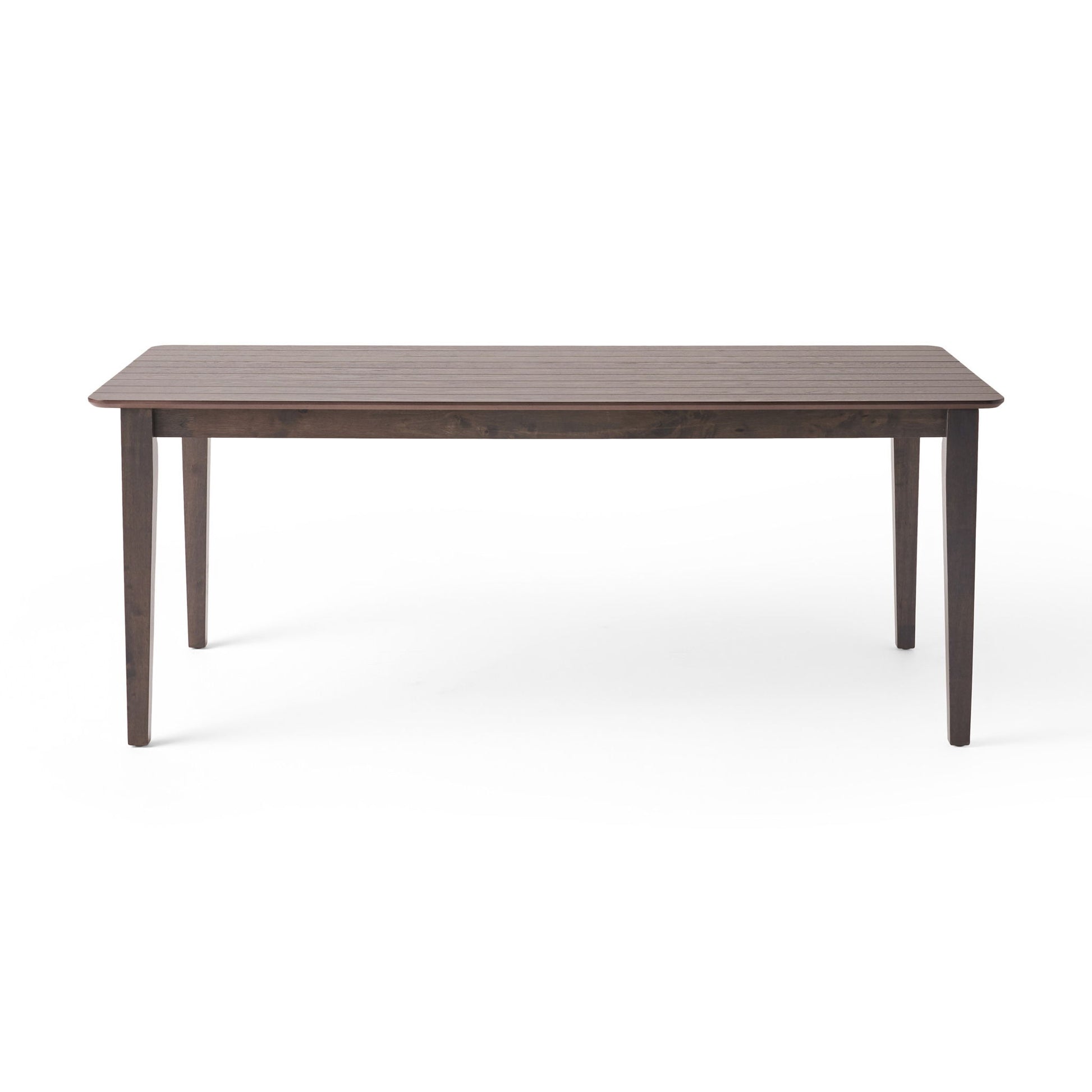 The Farmhouse Charm Dining Table With Square Leg features a rectangular wooden design with a dark finish and four square legs, displayed against a white background.