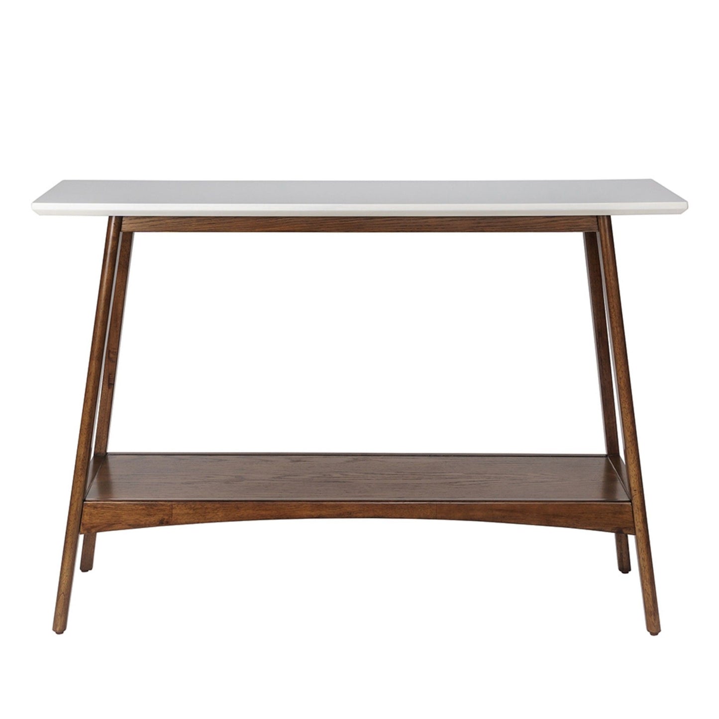 The Modern Table With Extra Storage features a white rectangular top, angled wooden legs, and a lower wooden shelf in a mid-century modern design.