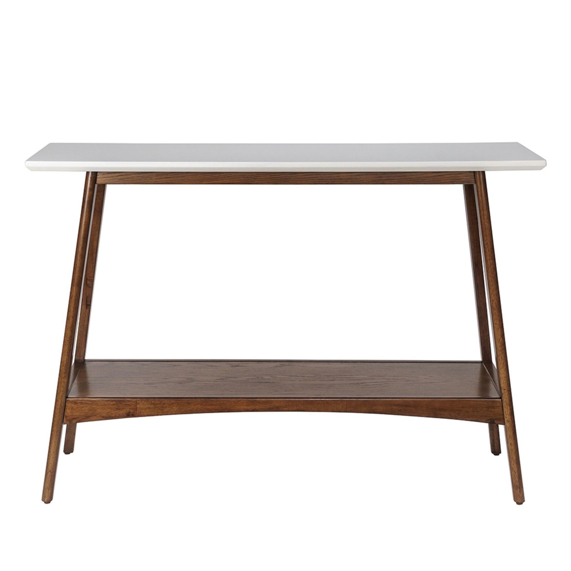 The Modern Table With Extra Storage features a white rectangular top, angled wooden legs, and a lower wooden shelf in a mid-century modern design.