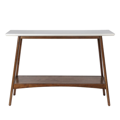 The Modern Table With Extra Storage features a white rectangular top, angled wooden legs, and a lower wooden shelf in a mid-century modern design.