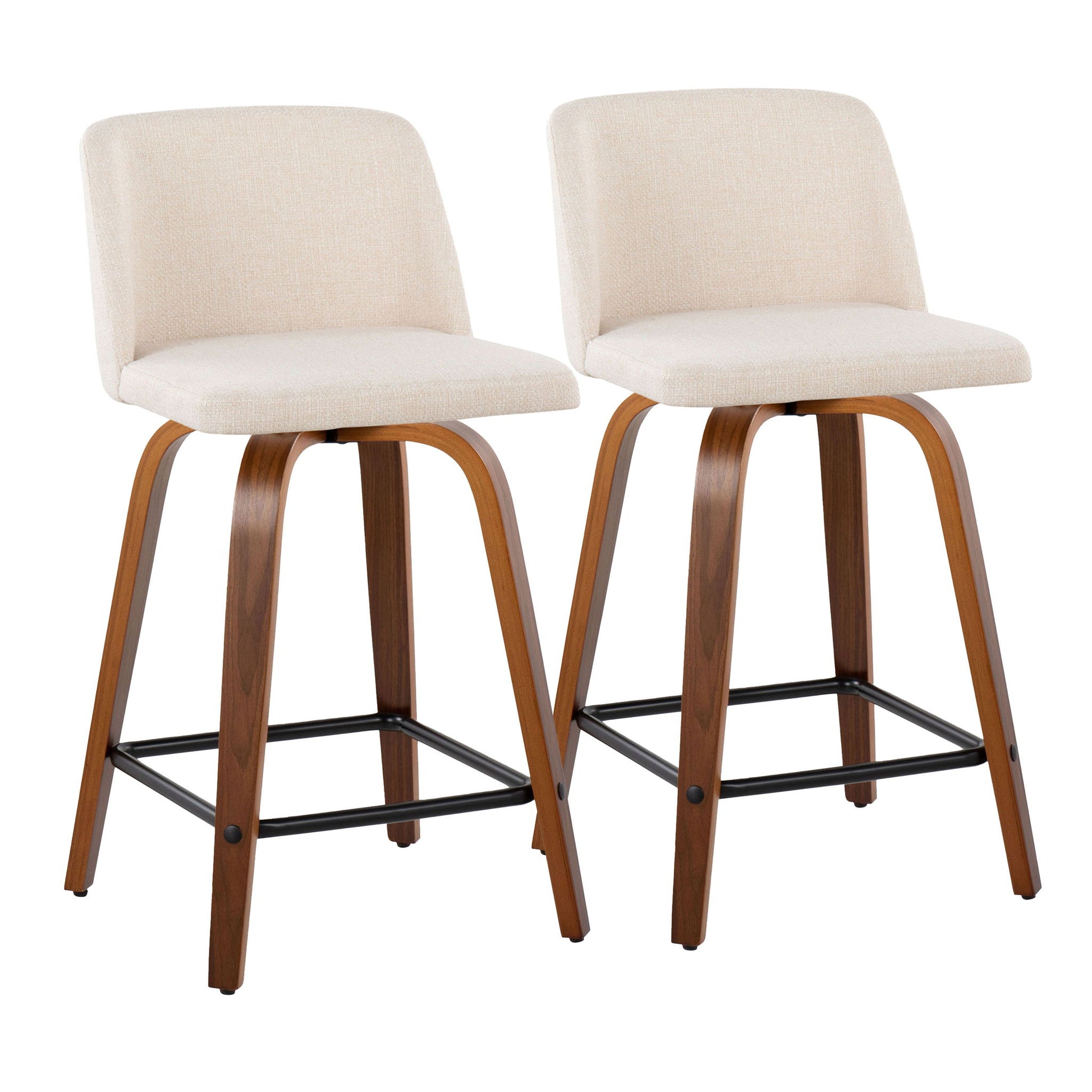 The Toriano Mid Century Modern Counter Stool set includes two swivel barstools with light beige upholstered seats, curved walnut-finished wooden legs, and square black metal footrests.
