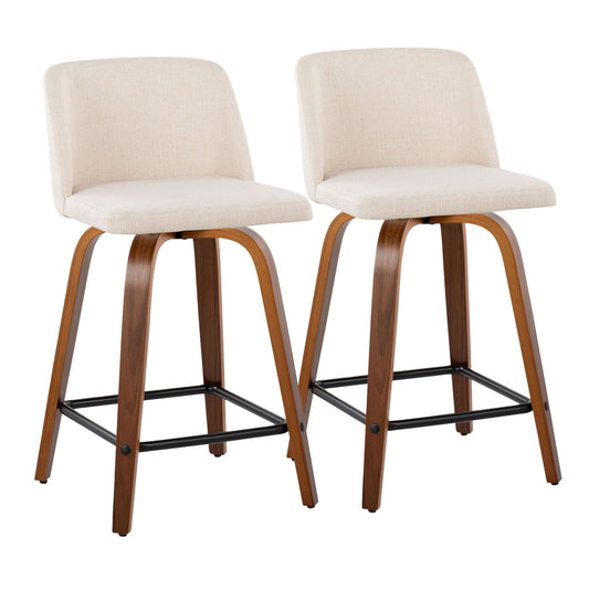 The Toriano Mid Century Modern Counter Stool set includes two swivel barstools with light beige upholstered seats, curved walnut-finished wooden legs, and square black metal footrests.