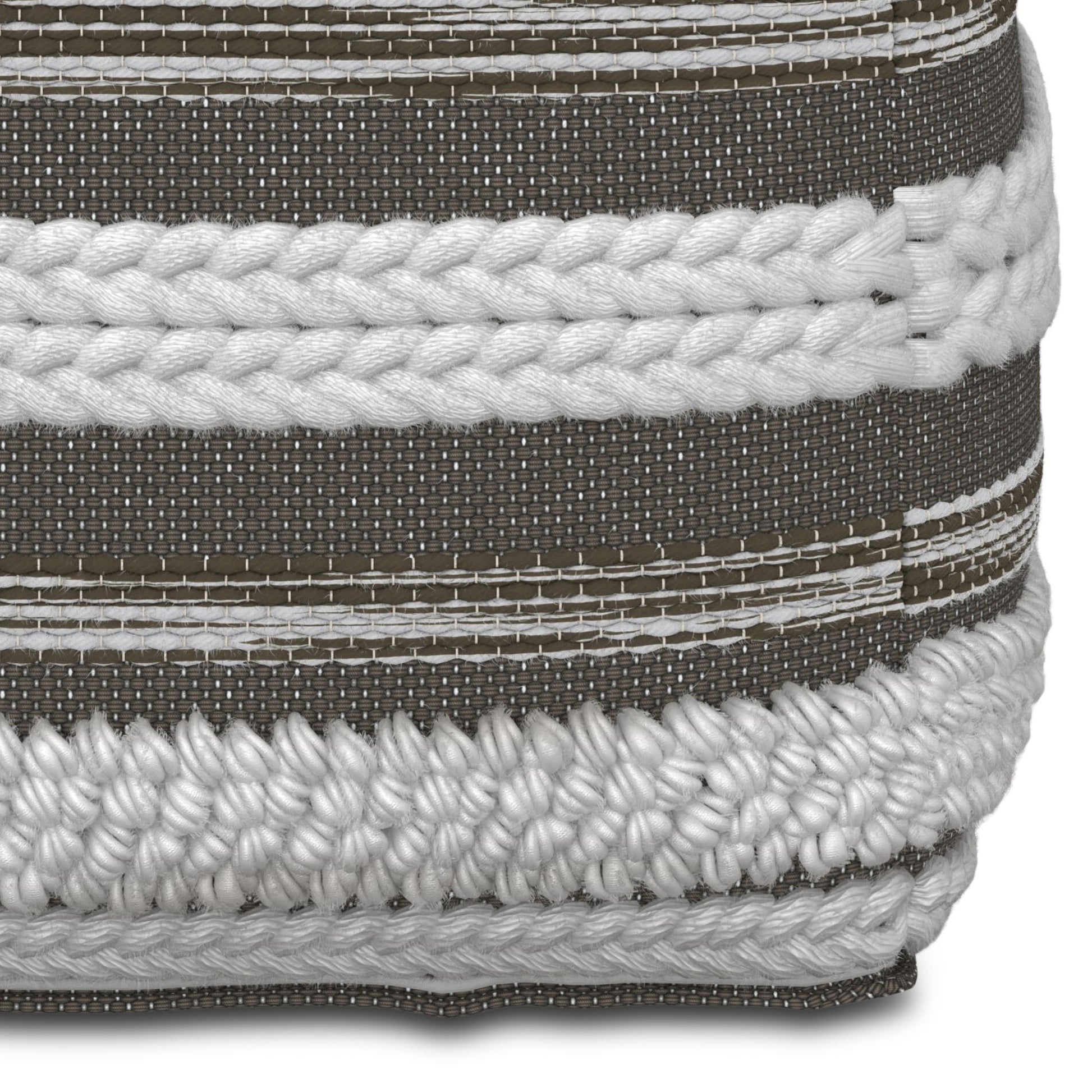 Close-up of the Sommer - Handcrafted Square Pouf, showcasing textured fabric with brown and white horizontal stripes and two thick, woven white braided bands across the surface.