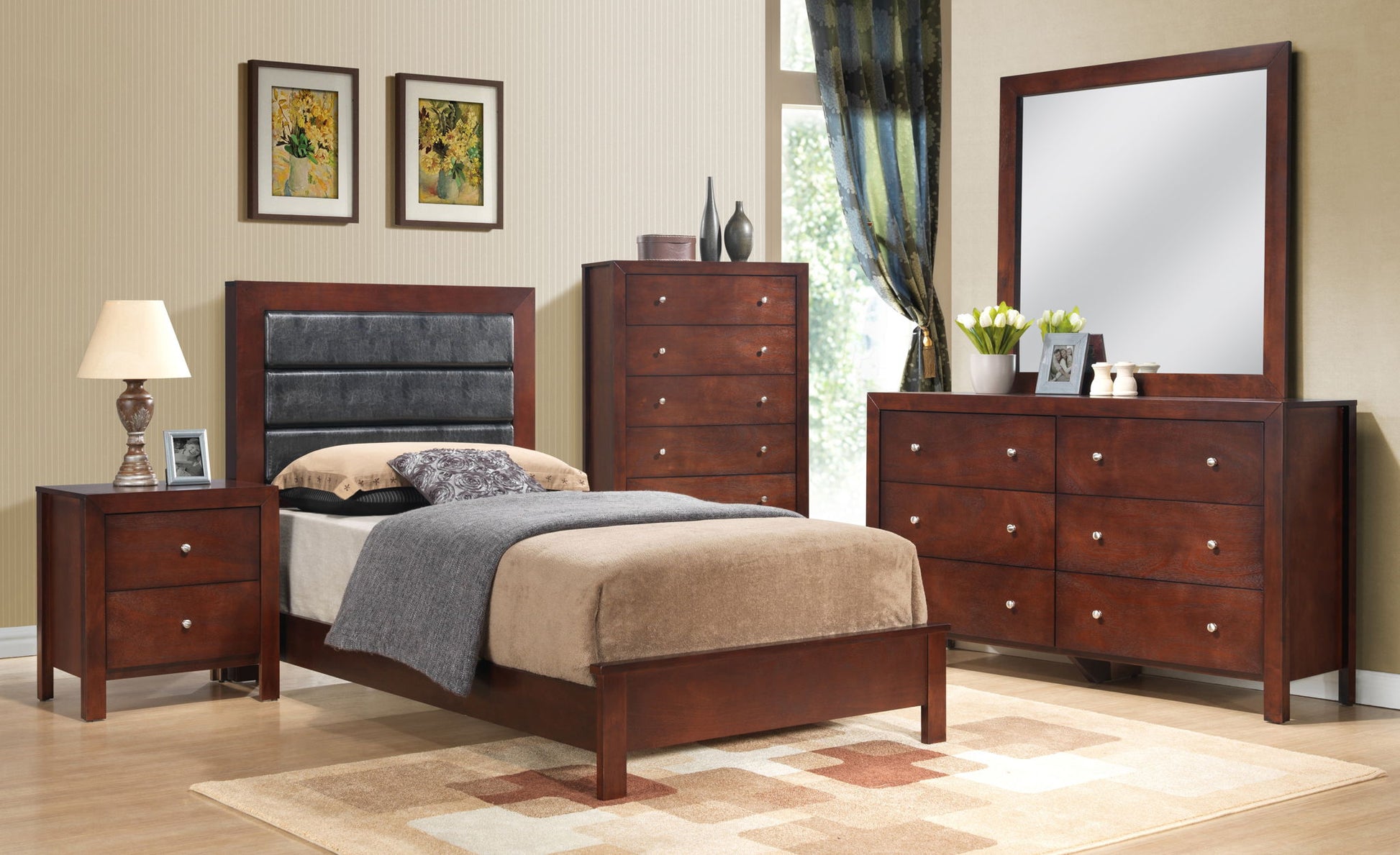 A bedroom featuring a Transitional Modern Design Bed with a gray upholstered headboard, beige bedding, nightstand and lamp, tall dresser, dresser with mirror, stylish decor, curtained window, and a patterned rug on the floor.
