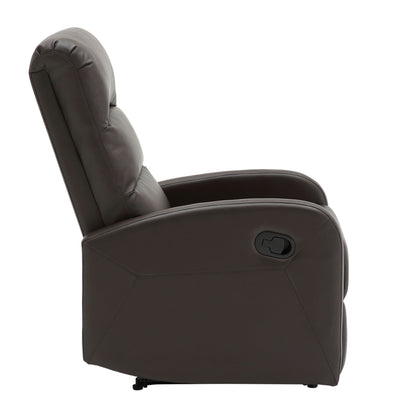 Side view of the Dormi - Contemporary Recliner Chair in dark brown, featuring a cushioned backrest and seat, shown upright with a manual recliner lever on the side.
