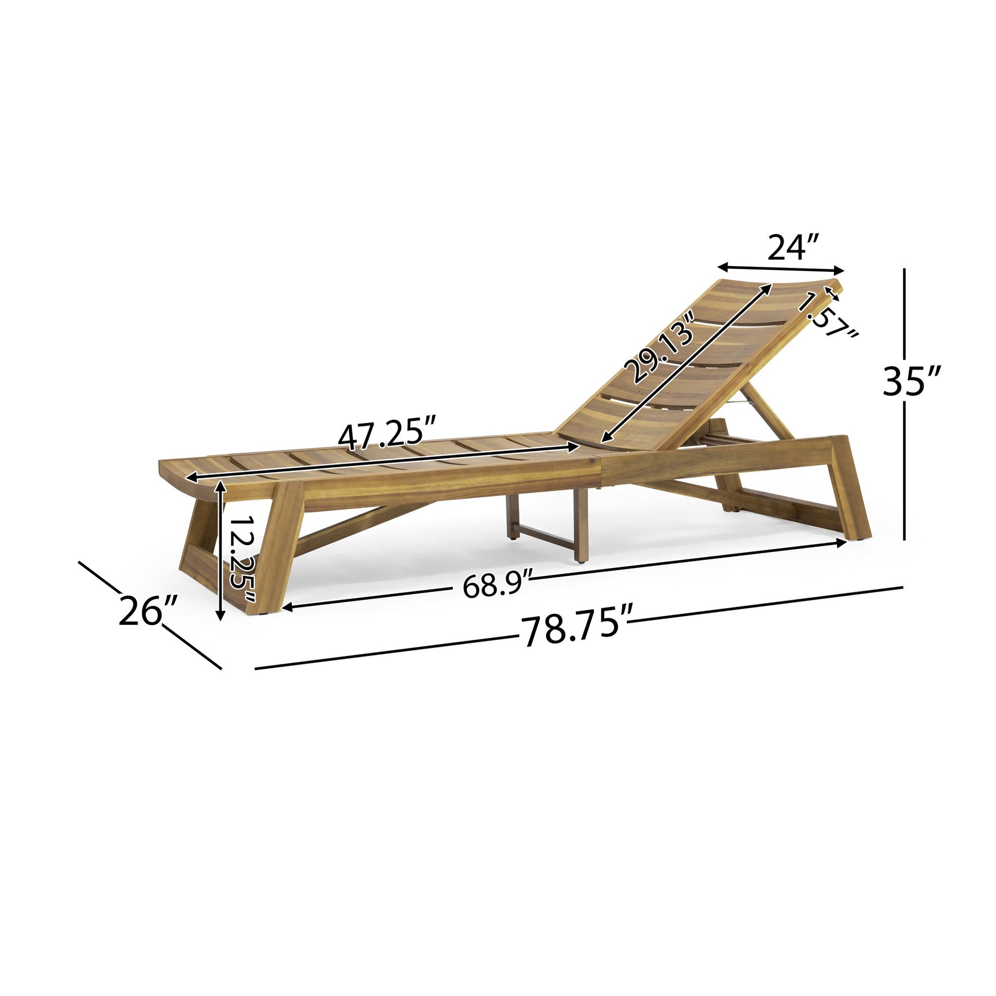The Outdoor Chaise Lounge With Adjustable Seating And Slat Panel - Yellow Brown measures 78.75"L x 26"W x 35"H, with a seat height of 12.25", seat length of 47.25", backrest height of 29.13", and backrest width of 24".