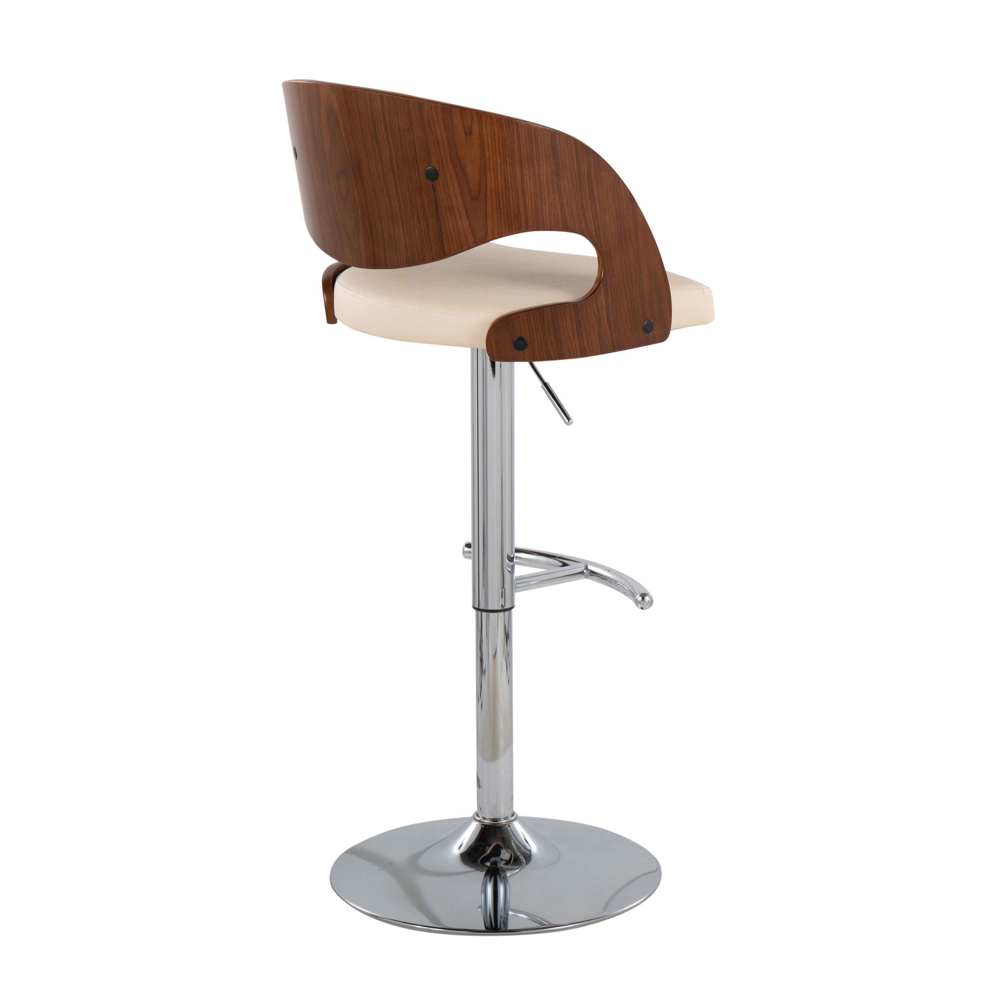 The Pino Mid Century Modern Adjustable Barstool With Swivel features a curved wooden backrest, cream cushioned seat, chrome pedestal base, and built-in footrest. It is displayed at a slight angle.
