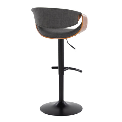 The Curvo Mid Century Modern Adjustable Barstool (Set of 2) features a curved wood and gray upholstered backrest, black pedestal base, and a built-in rounded T footrest, shown from the rear.