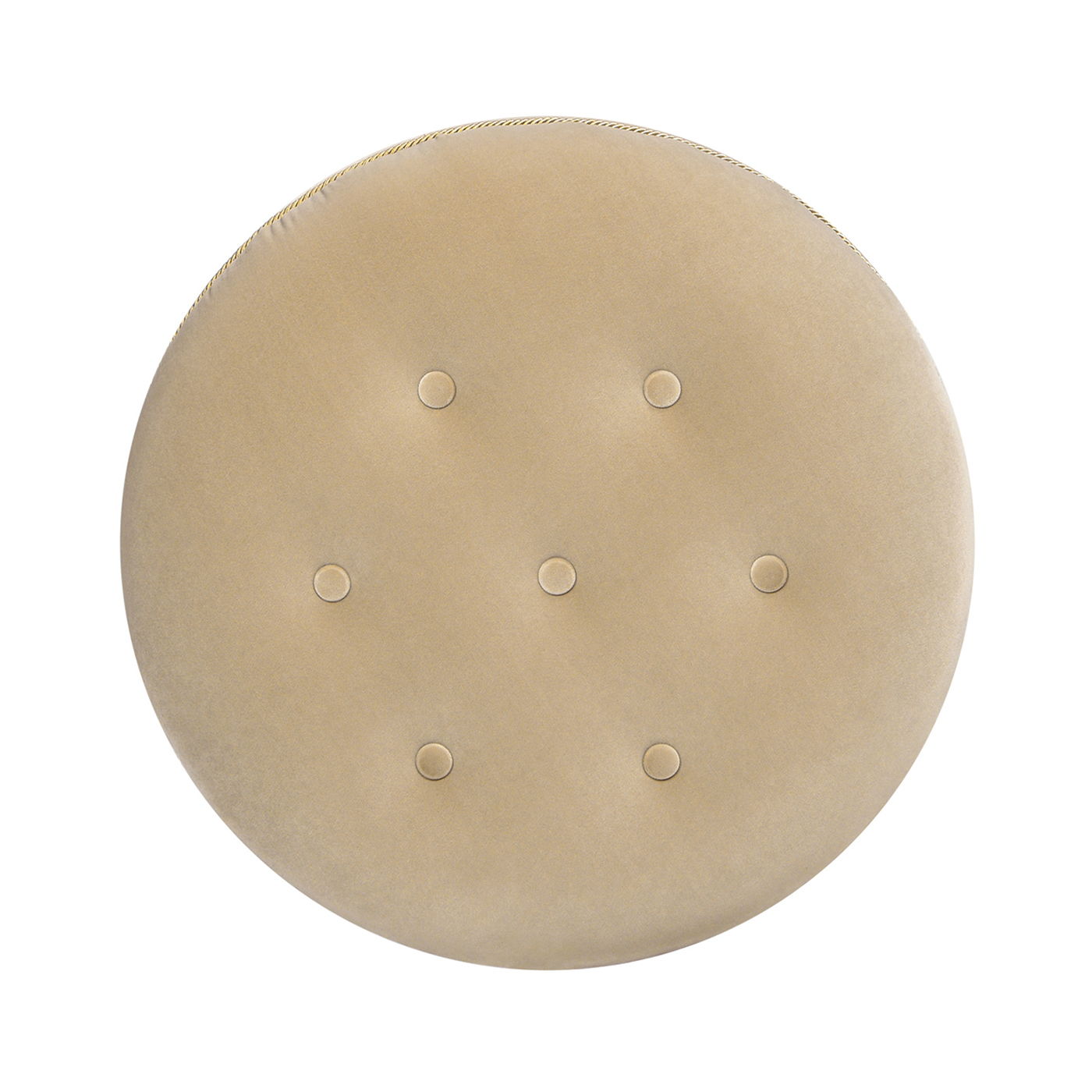 A top view of the Yolanda Round Upholstered Accent Ottoman, featuring a beige cushion with six evenly spaced buttons arranged in a hexagonal pattern.